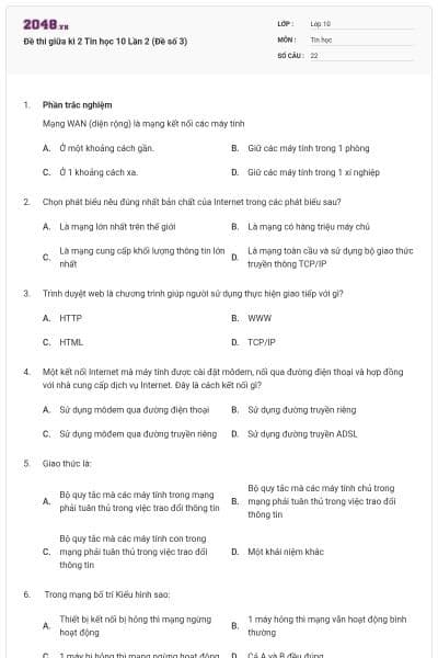 Đề thi giữa kì 2 Tin học 10 Lần 2 (Đề số 3)