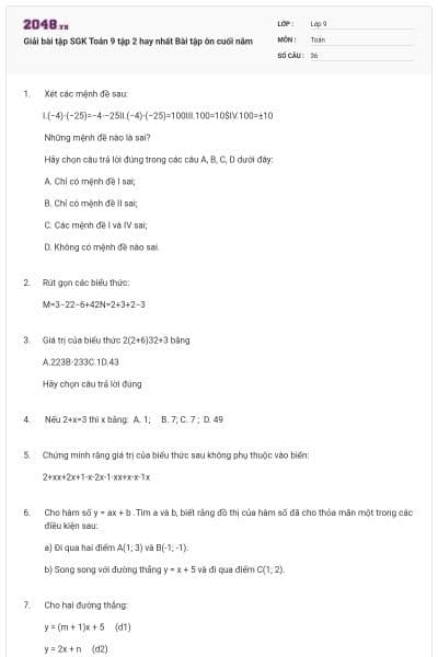 Giải bài tập SGK Toán 9 tập 2 hay nhất Bài tập ôn cuối năm