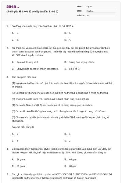 Đề thi giữa kì 1 Hóa 12 có đáp án (Lần 1 - Đề 3)