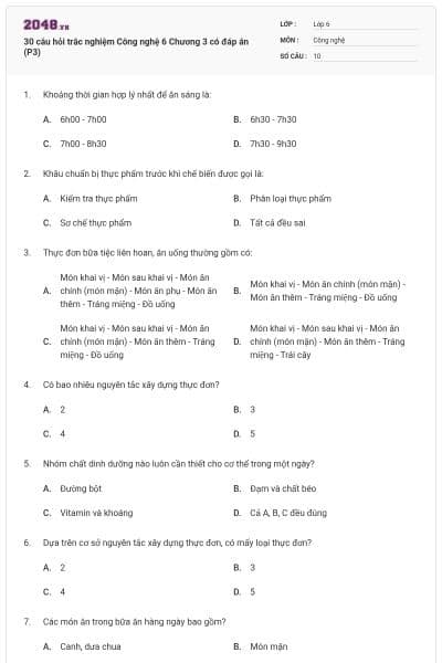 30 câu hỏi trắc nghiệm Công nghệ 6 Chương 3 có đáp án (P3)
