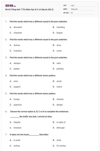 Đề thi Tiếng Anh 7 Thí điểm Học kì 2 có đáp án (Đề 2)