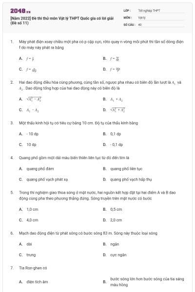 [Năm 2022] Đề thi thử môn Vật lý THPT Quốc gia có lời giải (Đề số 11)