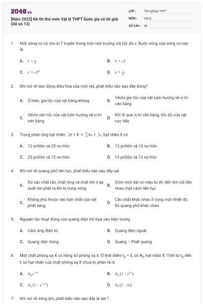 [Năm 2022] Đề thi thử môn Vật lý THPT Quốc gia có lời giải (Đề số 13)