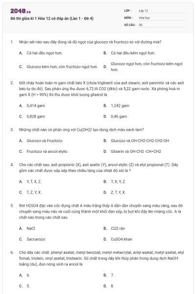 Đề thi giữa kì 1 Hóa 12 có đáp án (Lần 1 - Đề 4)
