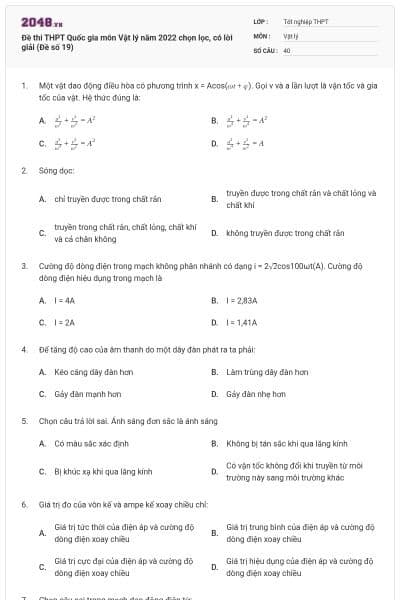 Đề thi THPT Quốc gia môn Vật lý năm 2022 chọn lọc, có lời giải (Đề số 19)