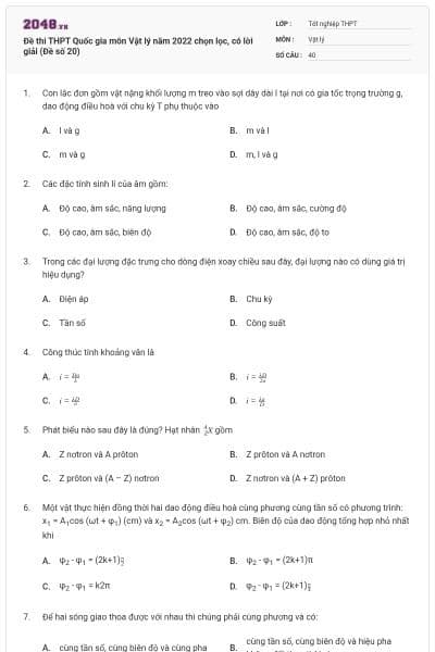 Đề thi THPT Quốc gia môn Vật lý năm 2022 chọn lọc, có lời giải (Đề số 20)