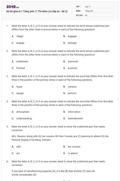 Đề thi giữa kì 1 Tiếng Anh 11 Thí điểm (có đáp án - Đề 2)