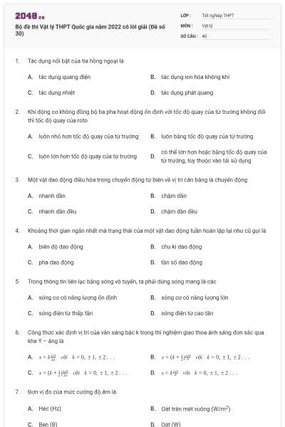 Bộ đề thi Vật lý THPT Quốc gia năm 2022 có lời giải (Đề số 30)