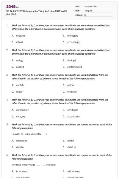 30 đề thi THPT Quốc gia môn Tiếng Anh năm 2022 có lời giải (Đề 5)
