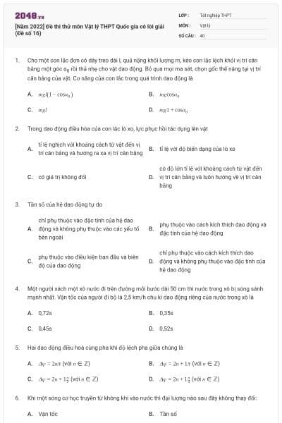 [Năm 2022] Đề thi thử môn Vật lý THPT Quốc gia có lời giải (Đề số 16)
