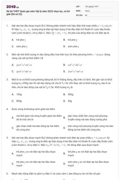 Đề thi THPT Quốc gia môn Vật lý năm 2022 chọn lọc, có lời giải (Đề số 23)
