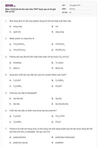 [Năm 2022] Đề thi thử môn Hóa THPT Quốc gia có lời giải (Đề số 26)