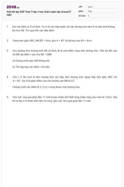 Giải bài tập SGK Toán 9 tập 2 hay nhất Luyện tập (trang 87 sgk)