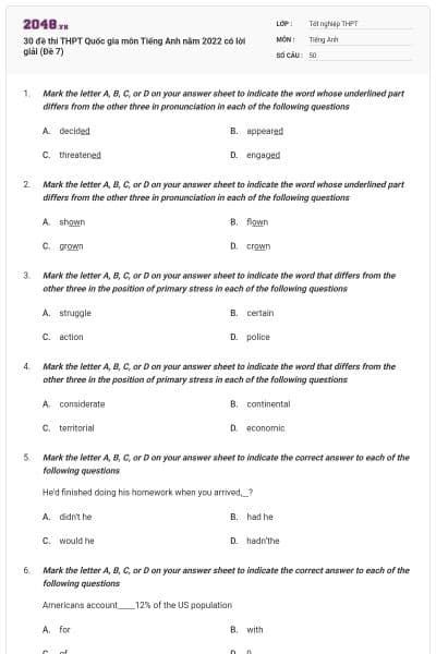 30 đề thi THPT Quốc gia môn Tiếng Anh năm 2022 có lời giải (Đề 7)