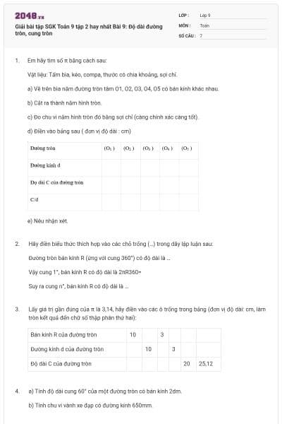 Giải bài tập SGK Toán 9 tập 2 hay nhất Bài 9: Độ dài đường tròn, cung tròn