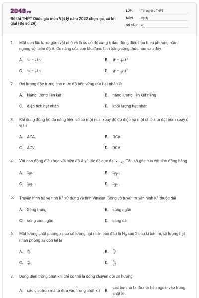 Đề thi THPT Quốc gia môn Vật lý năm 2022 chọn lọc, có lời giải (Đề số 29)