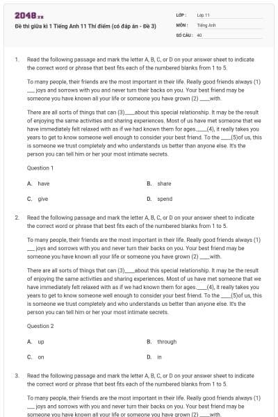 Đề thi giữa kì 1 Tiếng Anh 11 Thí điểm (có đáp án - Đề 3)