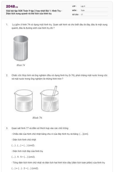 Giải bài tập SGK Toán 9 tập 2 hay nhất Bài 1: Hình Trụ - Diện tích xung quanh và thể tích của hình trụ