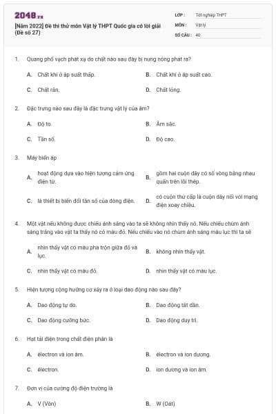 [Năm 2022] Đề thi thử môn Vật lý THPT Quốc gia có lời giải (Đề số 27)