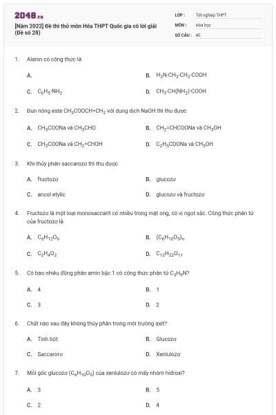 [Năm 2022] Đề thi thử môn Hóa THPT Quốc gia có lời giải (Đề số 28)