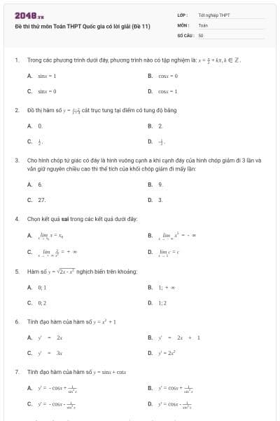 Đề thi thử môn Toán THPT Quốc gia có lời giải (Đề 11)