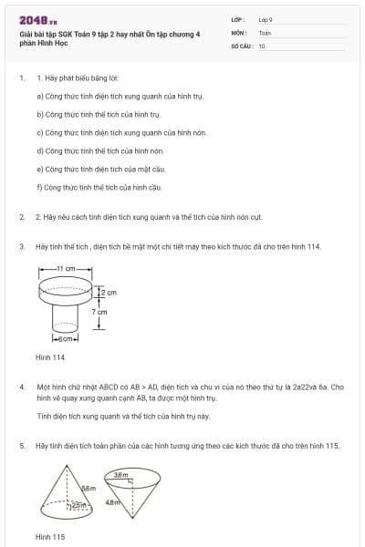 Giải bài tập SGK Toán 9 tập 2 hay nhất Ôn tập chương 4 phần Hình Học