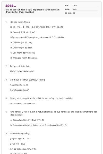 Giải bài tập SGK Toán 9 tập 2 hay nhất Bài tập ôn cuối năm (Phần Đại Số - Phần Hình Học)