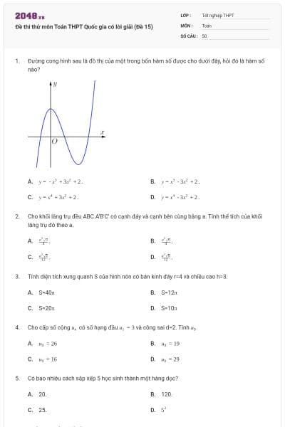 Đề thi thử môn Toán THPT Quốc gia có lời giải (Đề 15)