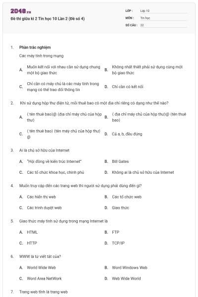 Đề thi giữa kì 2 Tin học 10 Lần 2 (Đề số 4)