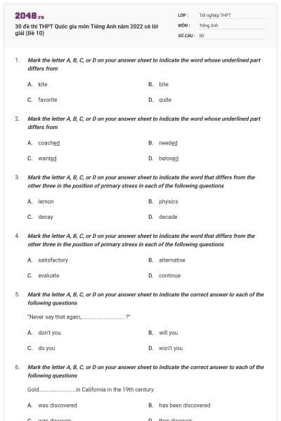 30 đề thi THPT Quốc gia môn Tiếng Anh năm 2022 có lời giải (Đề 10)