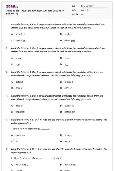 30 đề thi THPT Quốc gia môn Tiếng Anh năm 2022 có lời giải (Đề 12)