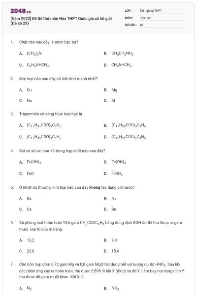 [Năm 2022] Đề thi thử môn Hóa THPT Quốc gia có lời giải (Đề số 29)