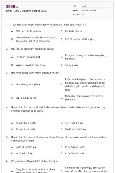Đề thi Học kì 2 GDCD 9 có đáp án (Đề 2)