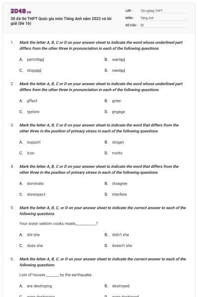 30 đề thi THPT Quốc gia môn Tiếng Anh năm 2022 có lời giải (Đề 16)