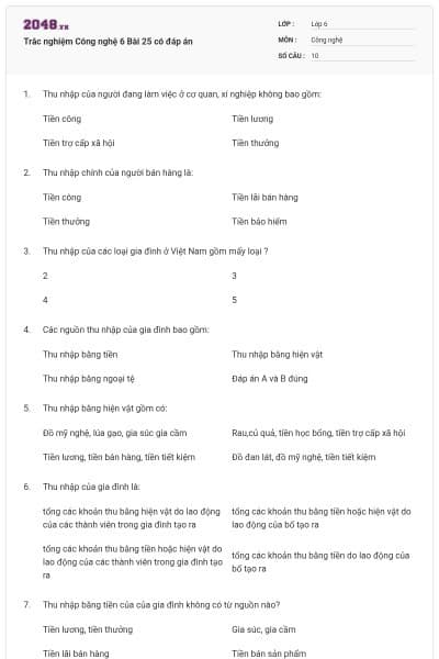 Trắc nghiệm Công nghệ 6 Bài 25 có đáp án