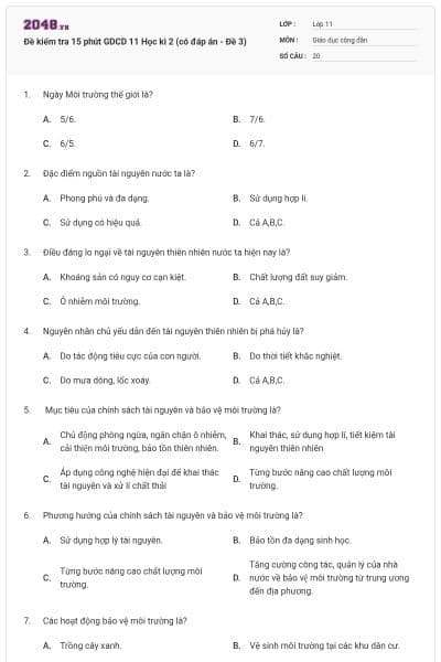 Đề kiểm tra 15 phút GDCD 11 Học kì 2 (có đáp án - Đề 3)