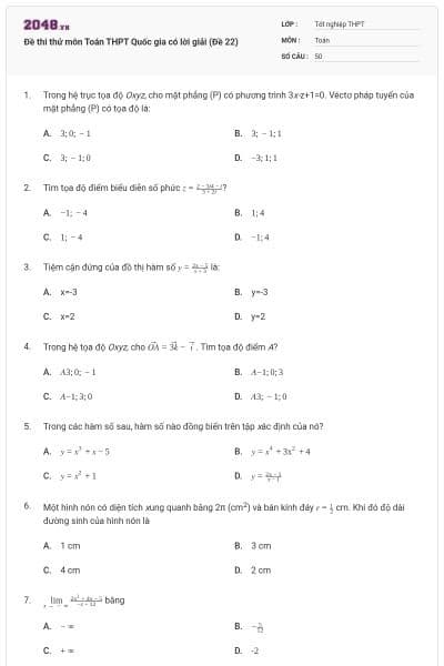 Đề thi thử môn Toán THPT Quốc gia có lời giải (Đề 22)
