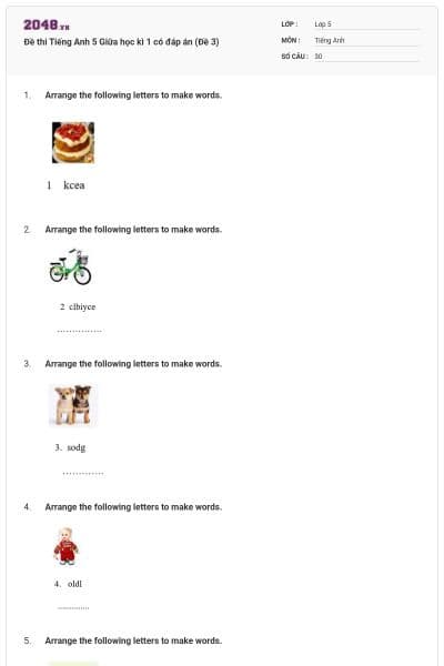 Đề thi Tiếng Anh 5 Giữa học kì 1 có đáp án (Đề 3)