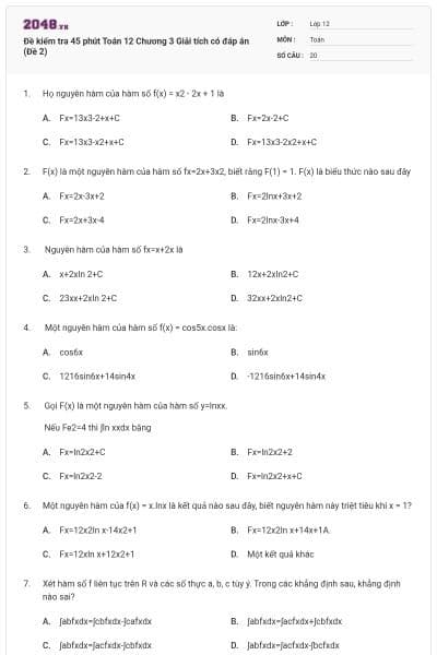 Đề kiểm tra 45 phút Toán 12 Chương 3 Giải tích có đáp án (Đề 2)