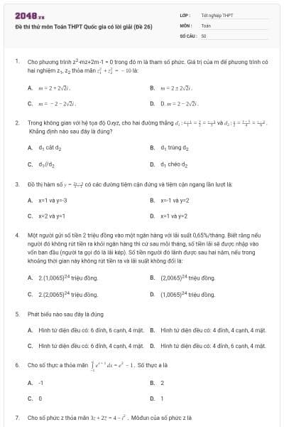 Đề thi thử môn Toán THPT Quốc gia có lời giải (Đề 26)