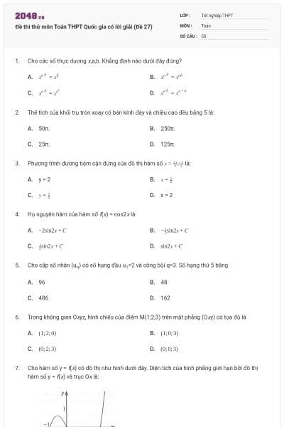 Đề thi thử môn Toán THPT Quốc gia có lời giải (Đề 27)