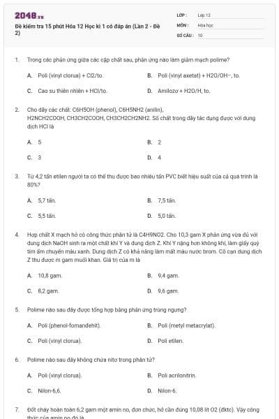 Đề kiểm tra 15 phút Hóa 12 Học kì 1 có đáp án (Lần 2 - Đề 2)