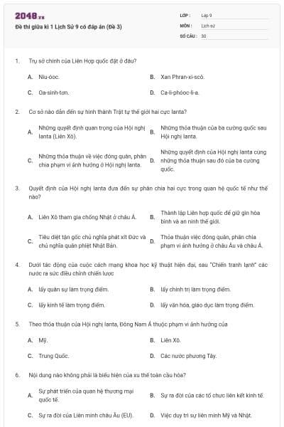 Đề thi giữa kì 1 Lịch Sử 9 có đáp án (Đề 3)