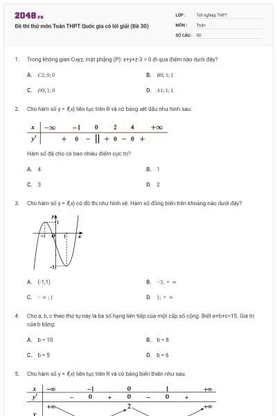 Đề thi thử môn Toán THPT Quốc gia có lời giải (Đề 30)