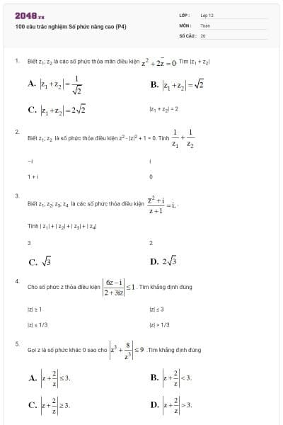 100 câu trắc nghiệm Số phức nâng cao (P4)