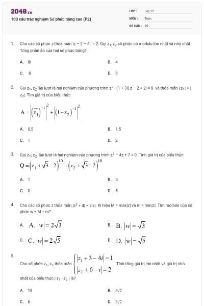 100 câu trắc nghiệm Số phức nâng cao (P2)