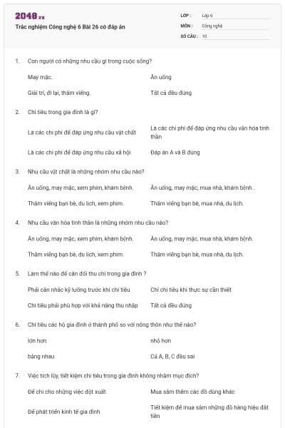 Trắc nghiệm Công nghệ 6 Bài 26 có đáp án