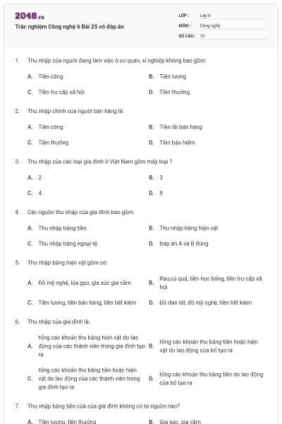 Trắc nghiệm Công nghệ 6 Bài 25 có đáp án