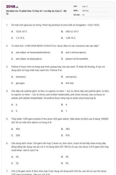 Đề kiểm tra 15 phút Hóa 12 Học kì 1 có đáp án (Lần 2 - Đề 3)