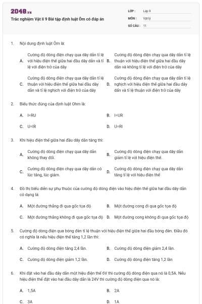 Trắc nghiệm Vật lí 9 Bài tập định luật Ôm có đáp án